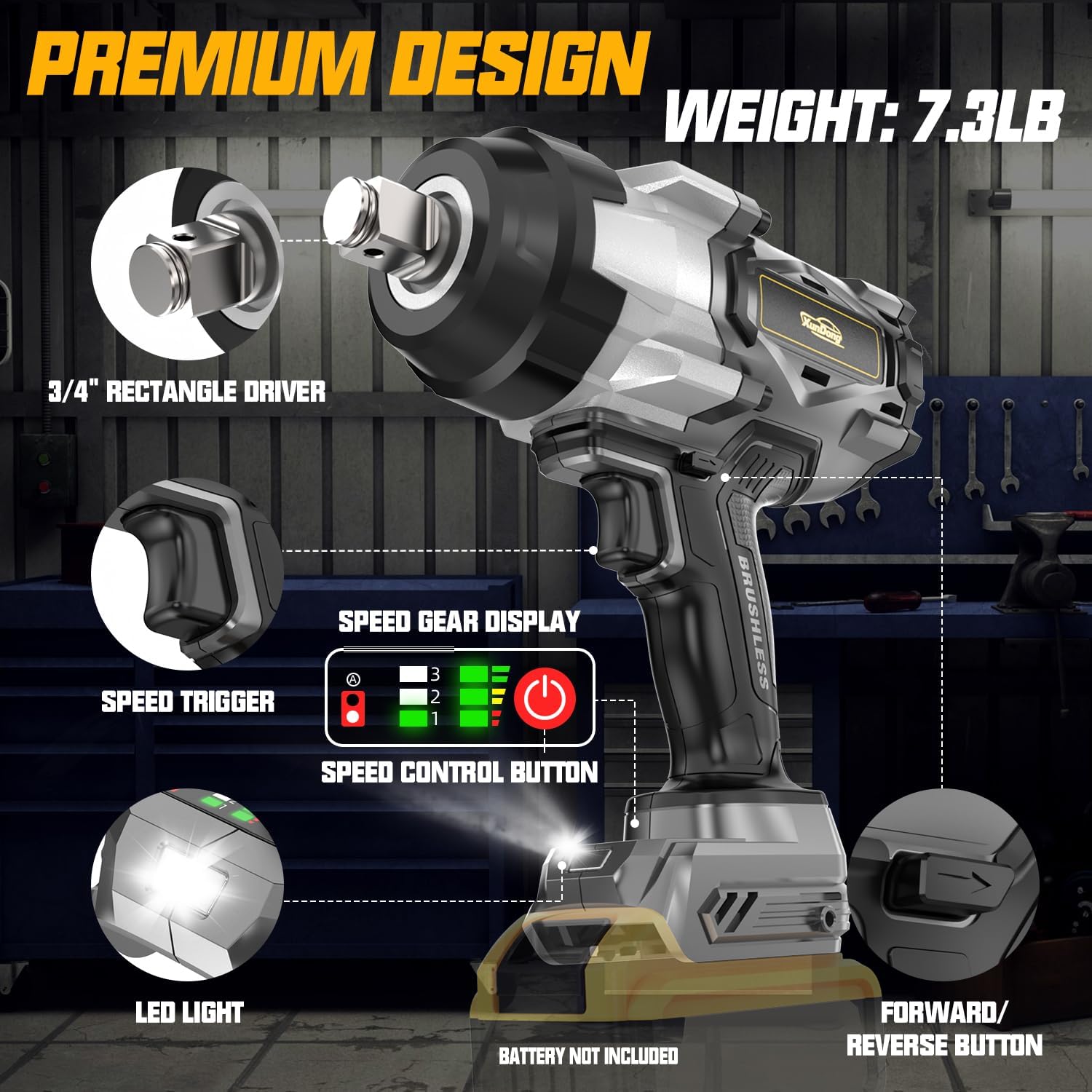 Cordless Impact Wrench 3/4" Compatible with Dewalt 20V Battery, 1850Ft-lbs(2500N.m) High Torque Impact Gun Heavy Duty, Brushless Electric Power Impact Driver with 4 Speed Modes & LED Work Light - Image 5