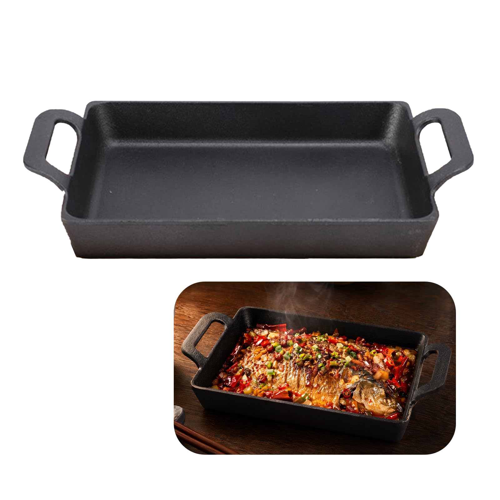 FARYODI Padella in ghisa a induzione, 24 x 17 cm, per bistecca per forno, barbecue a gas, griglia a carbonella, rettangolare con 2 manici, adatta per forno a induzione a gas, ceramica e campeggio