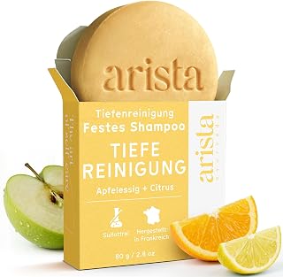 Arista Tiefenreinigungsshampoo mit Apfelessig, Festes Shampoo gegen fettige Haare, Entfernt Rückstände von Pflegeprodukten und hartem Wasser, Stellt Glanz Wieder Her, Vegan und Sulfatfrei (80 g)