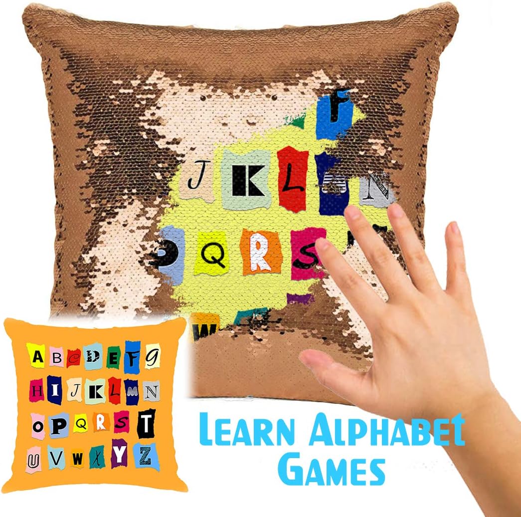 Alphabet Sequin Pillow, Magic Pillow Case & Insert, Learning Alphabet Letters Sequin Pillow, ABC Learning Game (Rose Gold)