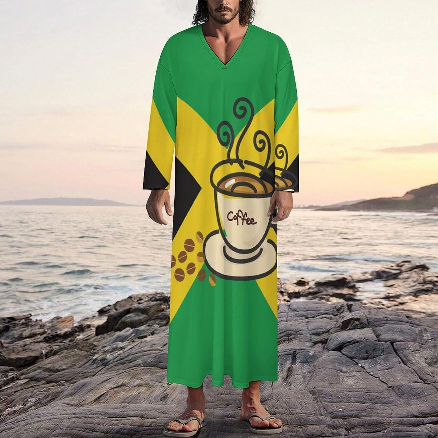 Jamaica Flag Jamaican Coffee Cup Men's Kaftan Thobe V-Neck Robe Long Sleeve Gown Thobe for Home Outings