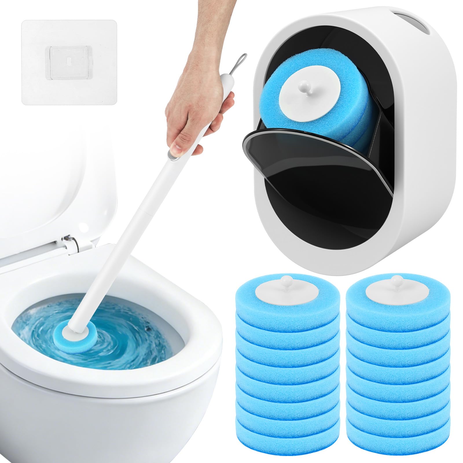 Toilet Brush with 16 Refill 43cm Long Handle Toilet Brush with Wall Mounted Holder 360° Deep Cleaning Toilets Scrubber Kit for Bathtub Sink Tile Wash