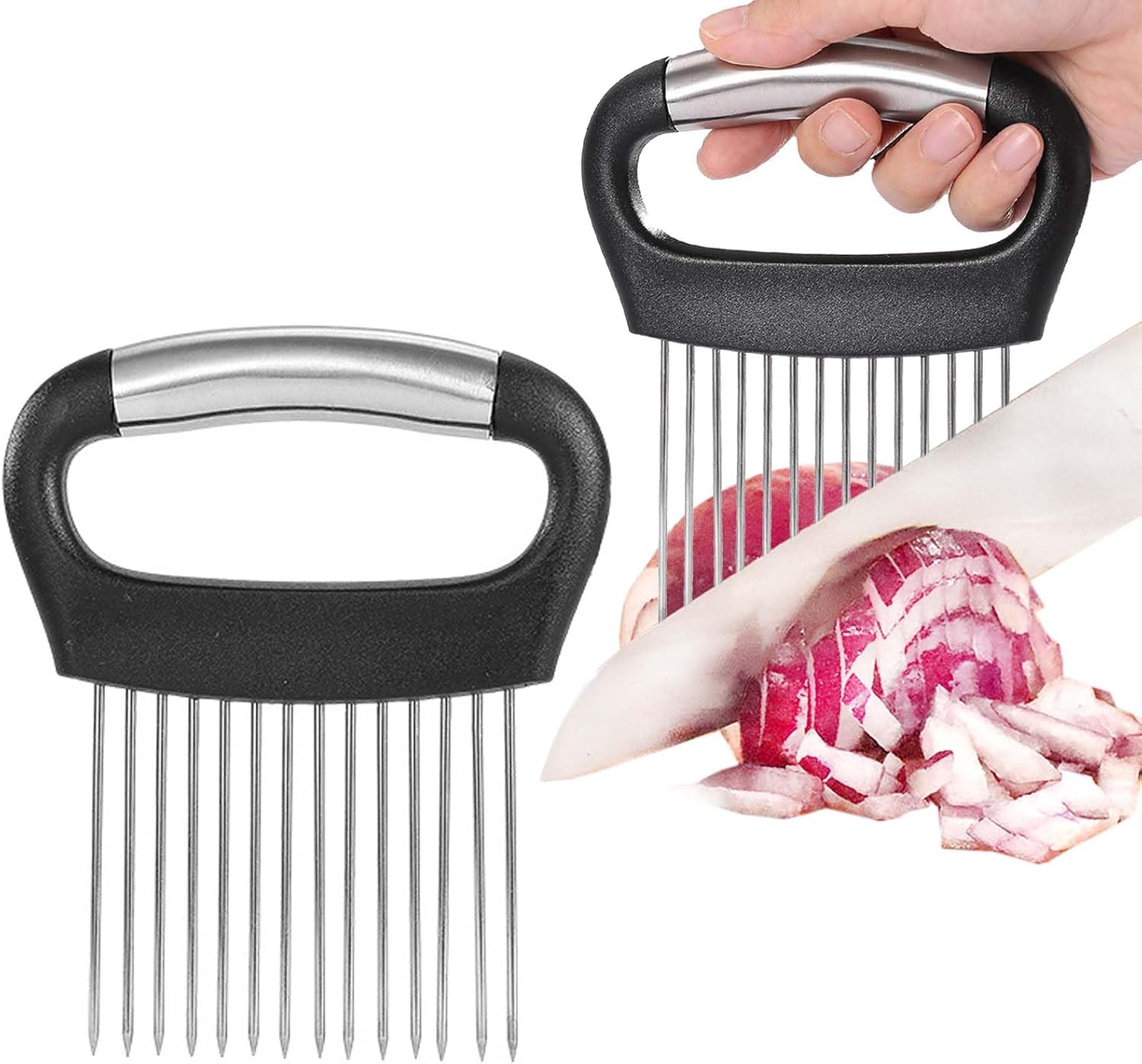 JAYVAR Massive Onion Holder for Slicing, Massive Onion Cutter Vegetable Chopper, Stainless Metal Tomato Slicer for Potato Lemon, Sensible Meat Tenderizer Device, Kitchen Meals Slicer Information for Neat Slicing