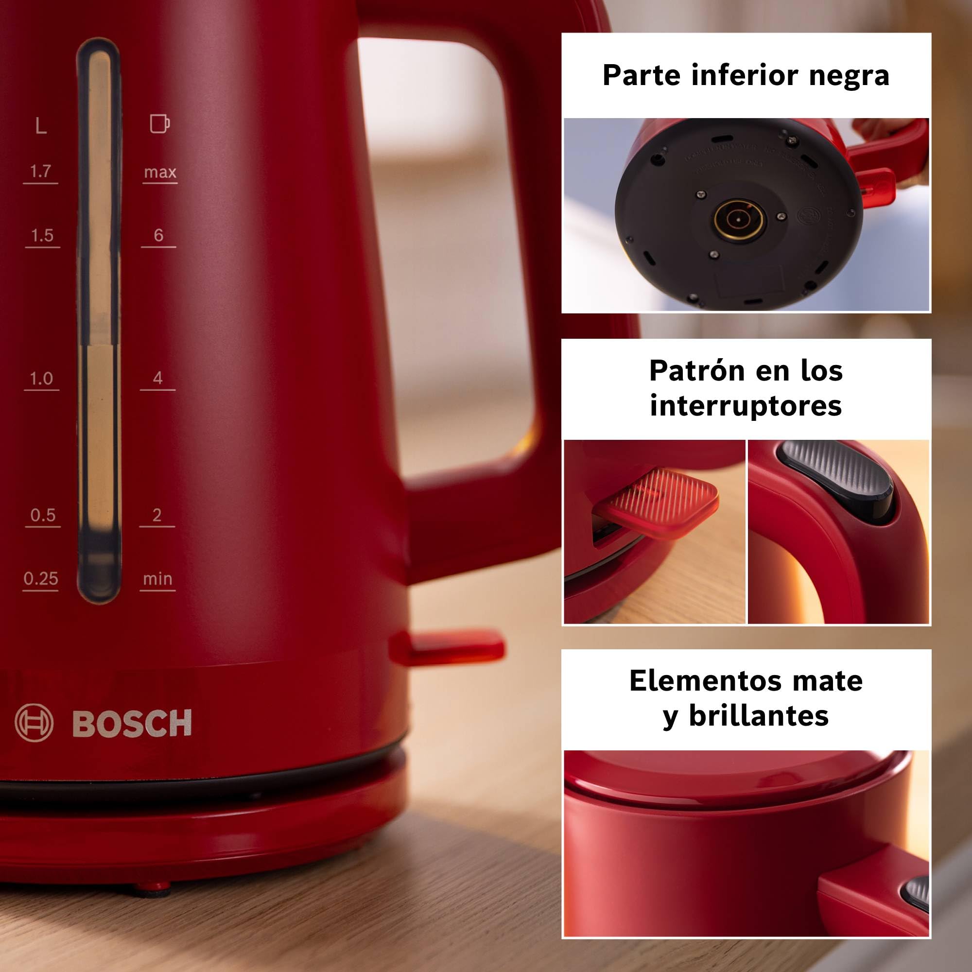 Bosch - hervidor eléctrico, MyMoment, manejo ergonómico, triple sistema de seguridad, filtro antical, capacidad de 1,7 l, rojo intenso, TWK3M124 | Hervidor, calentamiento rápido, filtro extraíble, indicador de nivel de agua, apagado automático, fácil de l