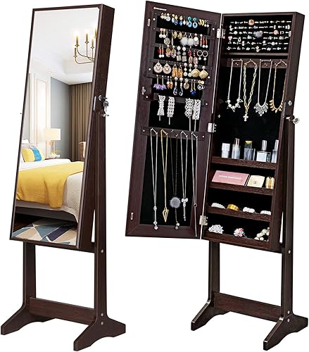 Miniatura 3 de SONGMICS - Armario gabinete de joyería con espejo espejo grande de pie de cuerpo completo organizador de joyas con cerradura color marrón UJJC69BR
