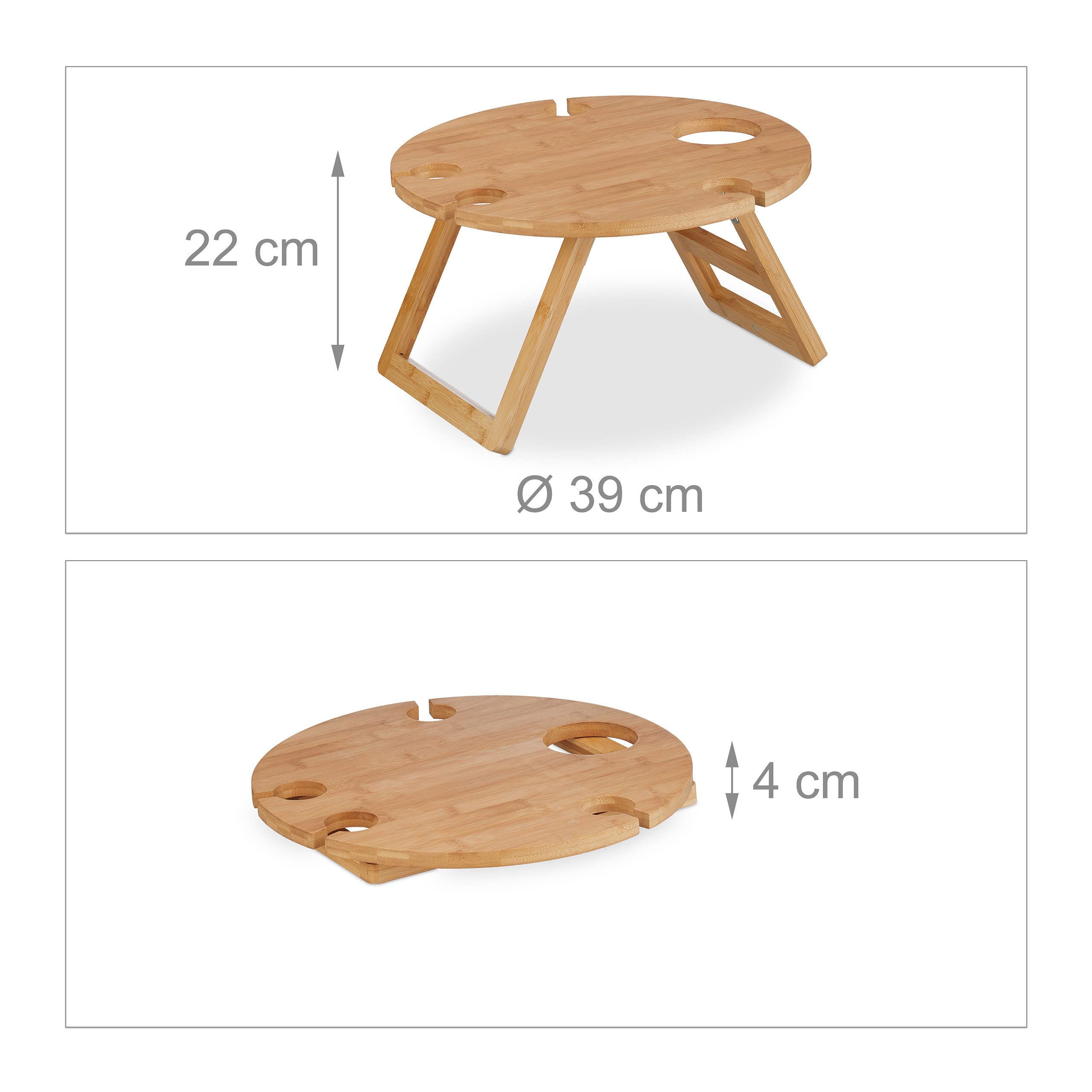 Relaxdays Tavolino Pieghevole, Vassoio per Letto e Picnic, Gambe Richiudibili, bambù, Rotondo, HD: 22 x 39 cm, Naturale