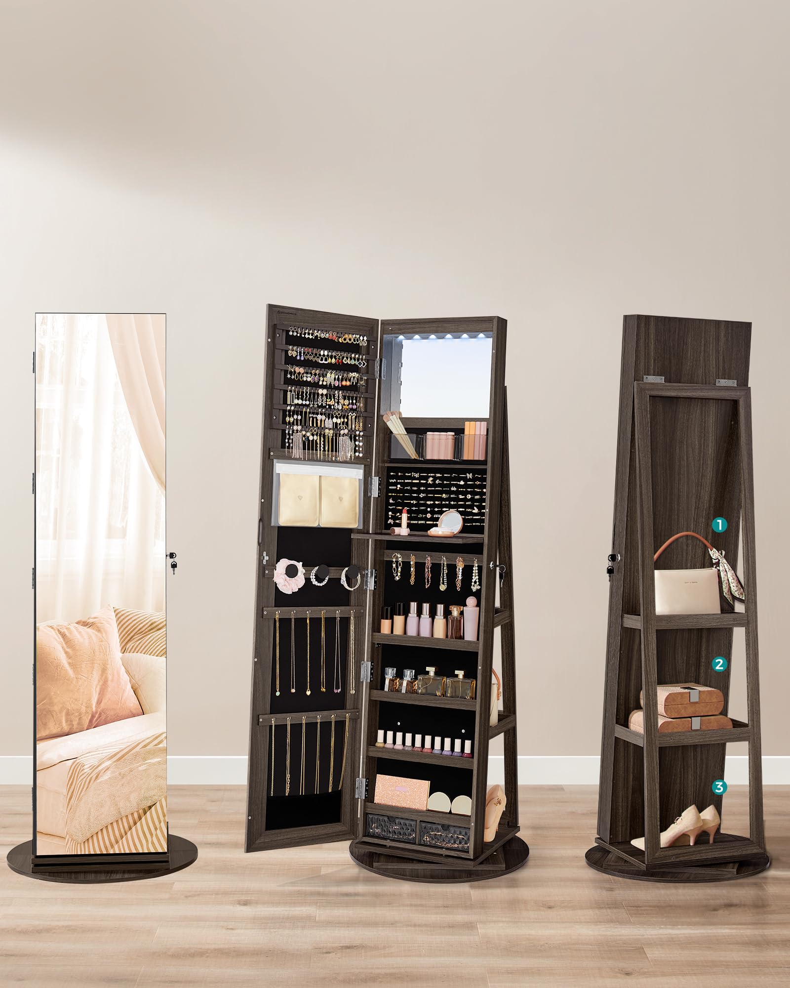 SONGMICS Sieradenkast, spiegel kast, afsluitbare sieradenorganizer met lade, wieltjes, cadeau-idee, wit JJC004W02