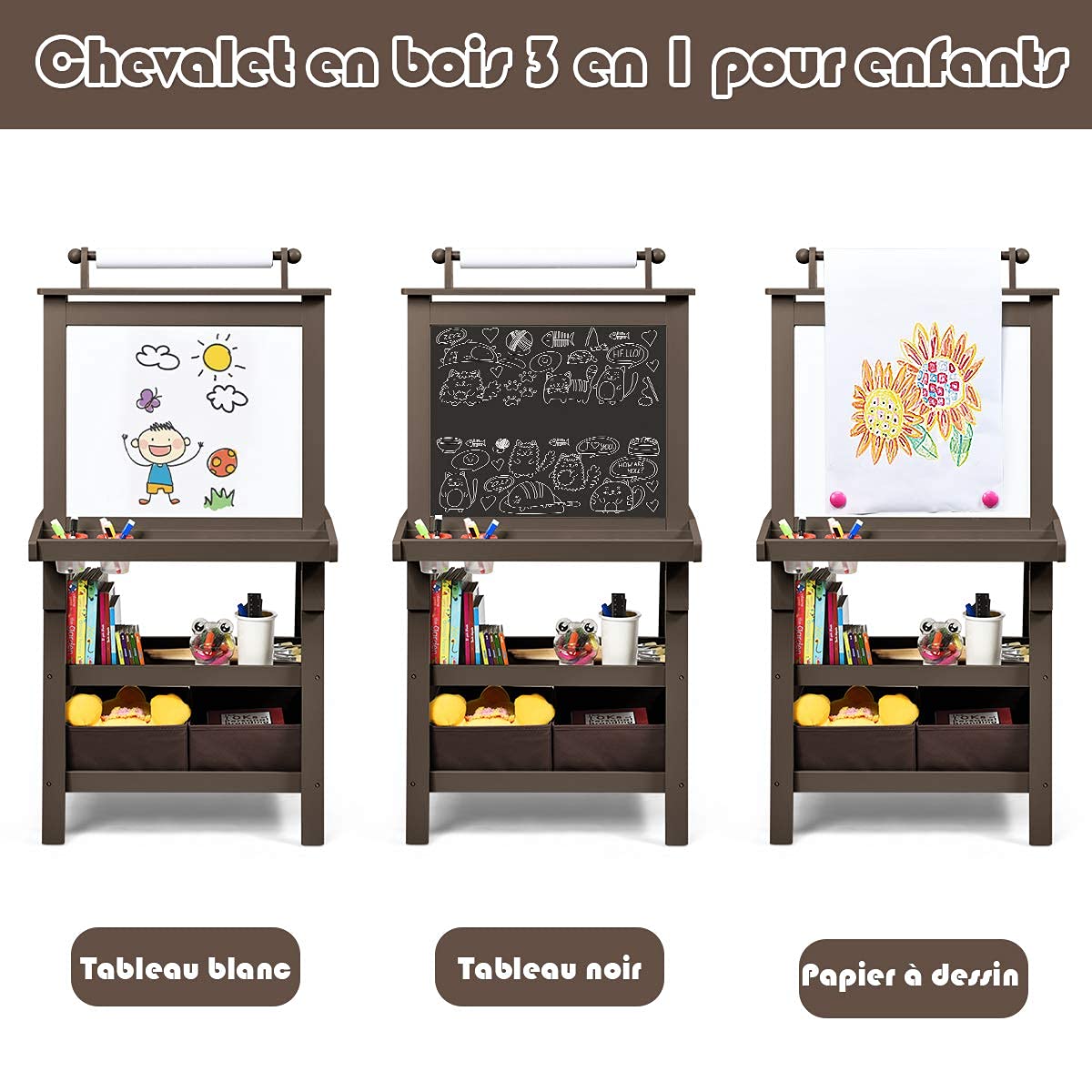 COSTWAY 3 en 1 Tableau Enfants Double Face avec Rouleau de Papier, Chevalet Enfants avec 2 Etagères et 2 Boîtes de Rangement, Structure Triangulaire, Jouet de Dessin pour Enfants de 3 Ans+