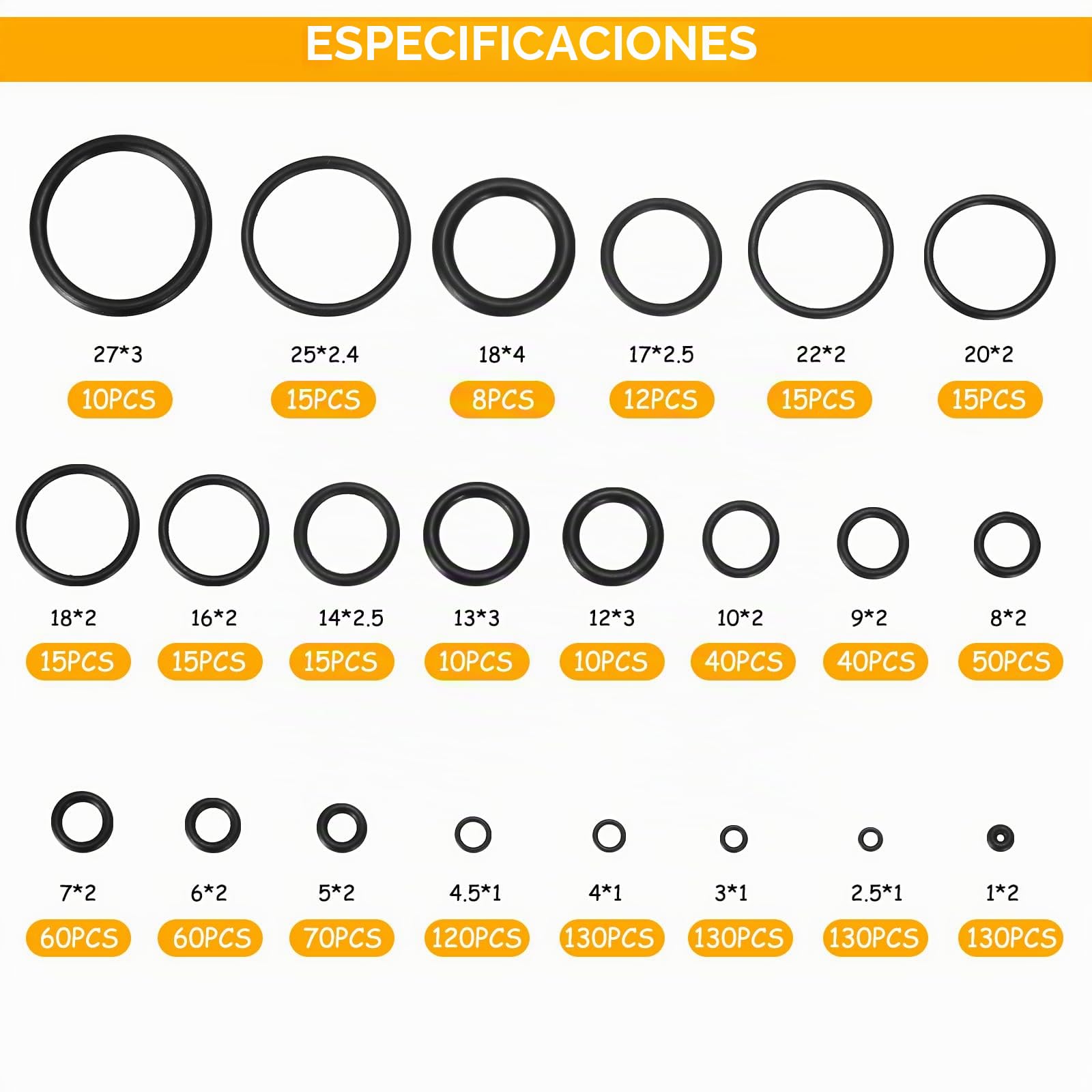 1100 Pcs Juntas Tóricas de Goma, O-Ring Kit para Reparación de Grifos Automotrices y Plomería