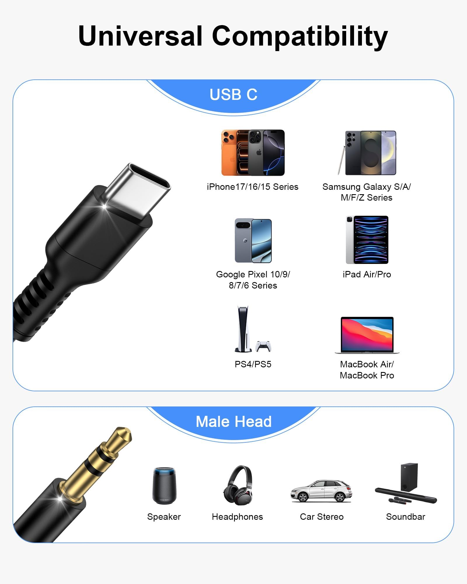 Coiled USB C to 3.5mm Audio Cable, Auxiliary to USB C for iPhone 17/16/15 Pro Max,17e, Retractable 6FT Hi-Fi Type C Aux Cord for Galaxy S26/S25 Ultra, Pixel 10/9, Aux Cable for Car,Headphones,Speakers — view 7