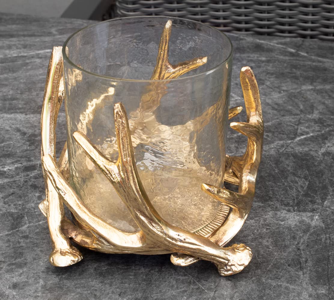 Windlicht Geweih mit Glaseinsatz Kerzenhalter Glaswindlicht Metall Gold edel Hirsch D=22 cm