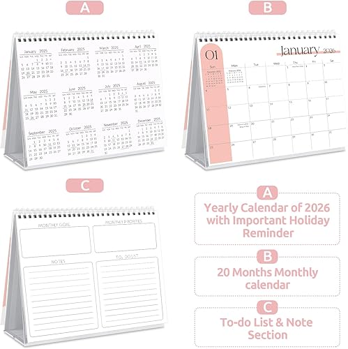 Miniatura 13 de SKYDUE Calendario de escritorio 2026, calendario de escritorio pequeño de 18 meses 2026-2027, enero de 2026 a junio de 2027, calendario de Negro