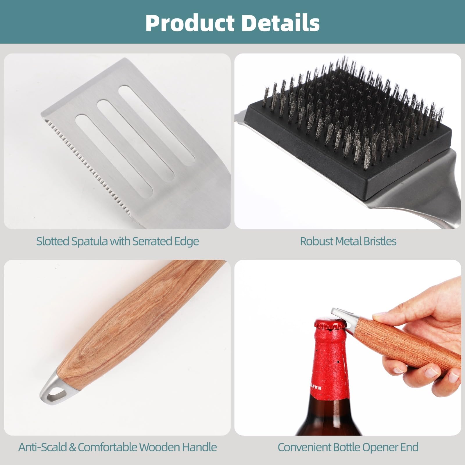 Outils Barbecue 4 pièces, spatule, Fourchette, Pince et Brosse de Nettoyage en Acier Inoxydable, poignée Isolante en Bois de Rose, Accessoires pour Grill extérieur, Cadeau pour Homme