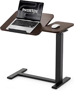 MAIDeSITe Beistelltisch C-Form mit Rollen,höhenverstellbarer Laptoptisch für Sofa&Bett,mobiler Beistelltisch mit geteiltem Tischdesign für Wohnzimmer&Schlafzimmer-Walnussbraun