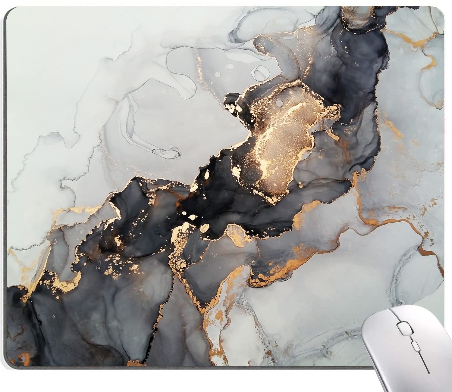 Mouse Pad, Rectangle Marble Design Anti-Slip Rubber Mousepad for Gaming Office Laptop Computer PC Men Women Kids, Cute Custom Pattern, Black White Gold Marble