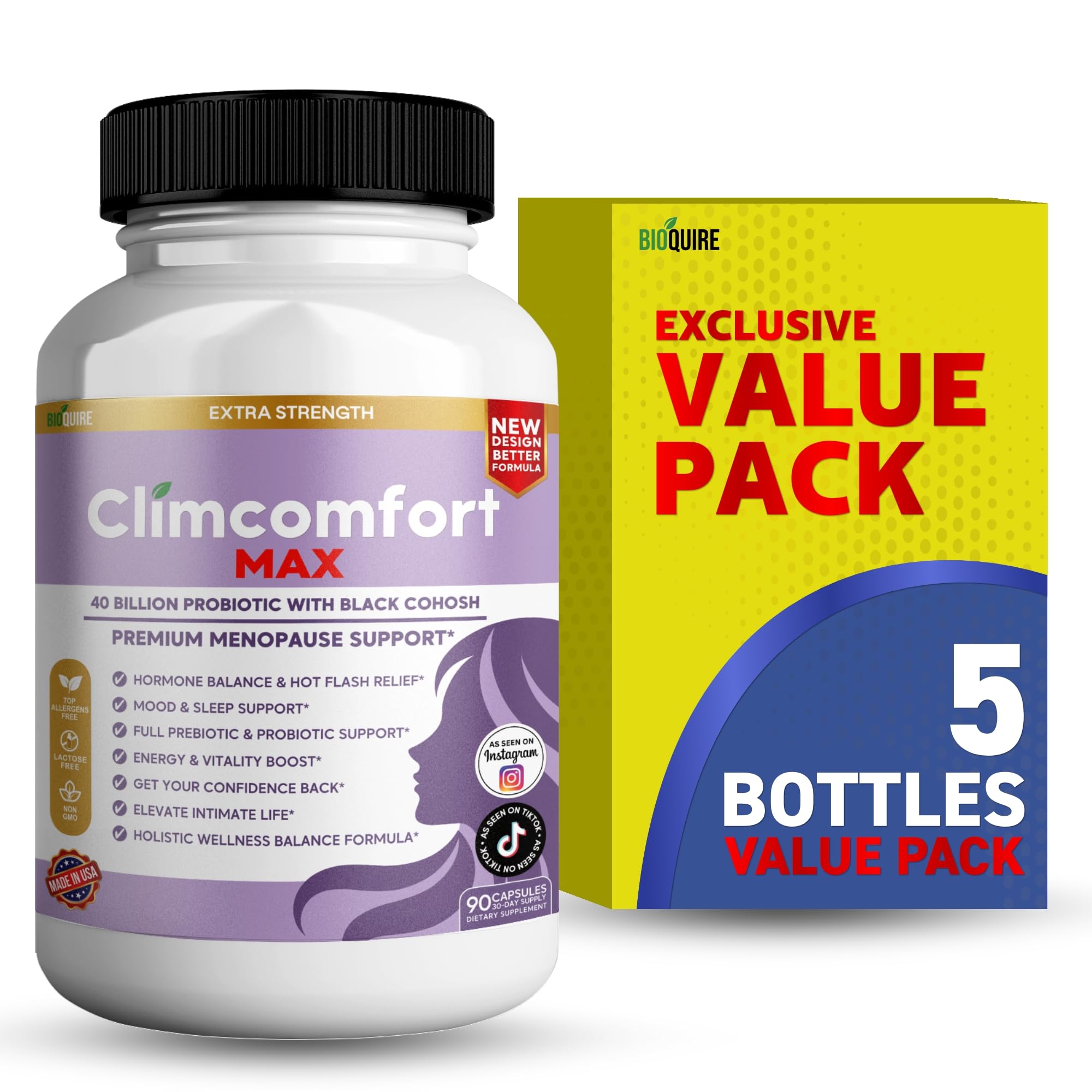 Climcomfort Max Menopause Support, 40 Billion Probiotic with Black Cohosh, 90 Capsules, Hormone Balance and Hot Flash Relief (5)