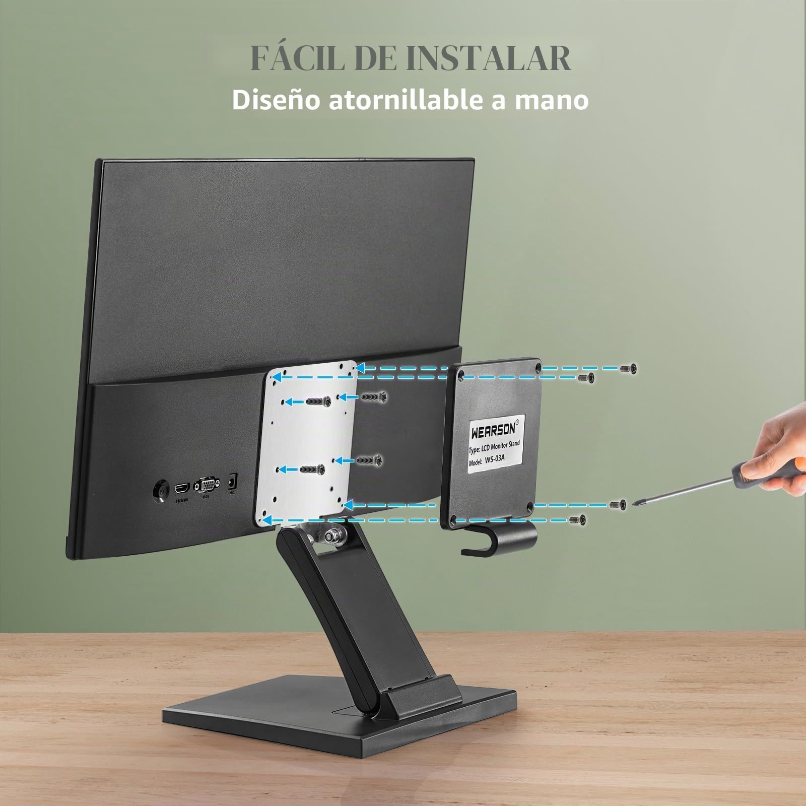 Wearson WS-03A - Soporte Ajustable para Monitor LCD, Plegable, de Metal, con Agujero VESA 75 x 75 100 x 100 mm