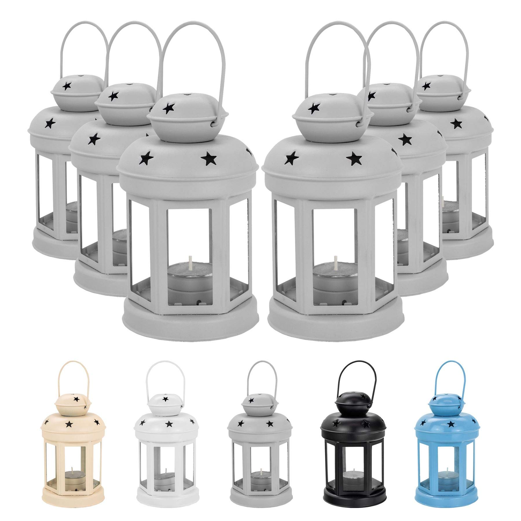 Nicola Spring Vintage Lantern Tealight Holders - Pack of 6 - 16cm - Grey Candle Holder Decorative Candle Lantern Metal Tealight Candles for Hanging Indoor, Outdoor