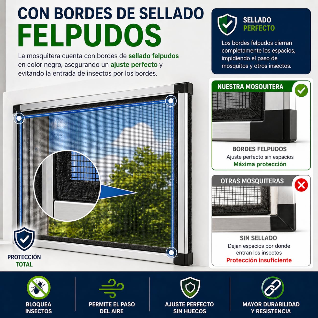 TIENDA EURASIA – Mosquitera Extensible para Ventanas | Bordes de Sellado Felpudos | Marco de Aluminio | Mosquitera Extensible | Color Blanco | Malla de Fibra de Vidrio 70 x (100-192 cm)