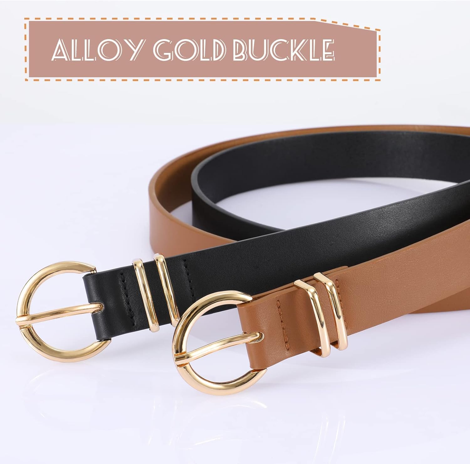 VONMELLI 2 Pack Women's Leather Belts for Jeans Dresses Fashion Gold Buckle Ladies Belt - Image 2