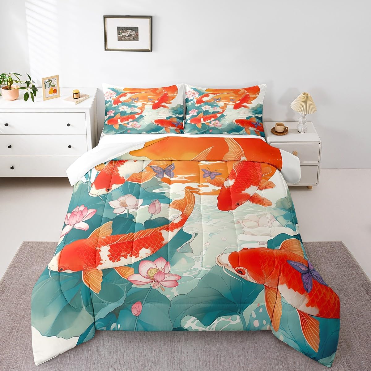 Japanese Style Queen Bedding Set Red White Koi Comforter Set Queen, Oriental Ink and Wash Bedding Comforter Sets Pink Lotus Down Comforter, Botanical Plants Bedding Comforter Sets Hippie Room Decor