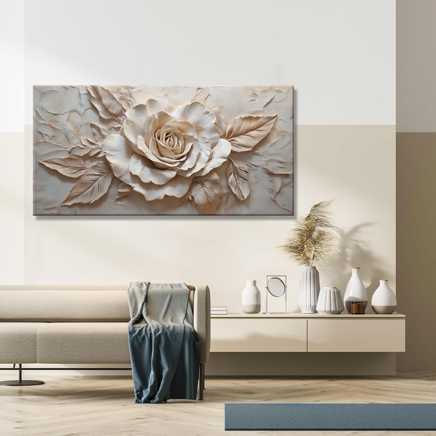 BirdSuite Vintage Warm Rose Art Picture - Layered Petal Texture Frameless Canvas Wall Art Painting for Entryway Console, Bedroom Vanity & Living Room Accent Wall - 40'' x 20''