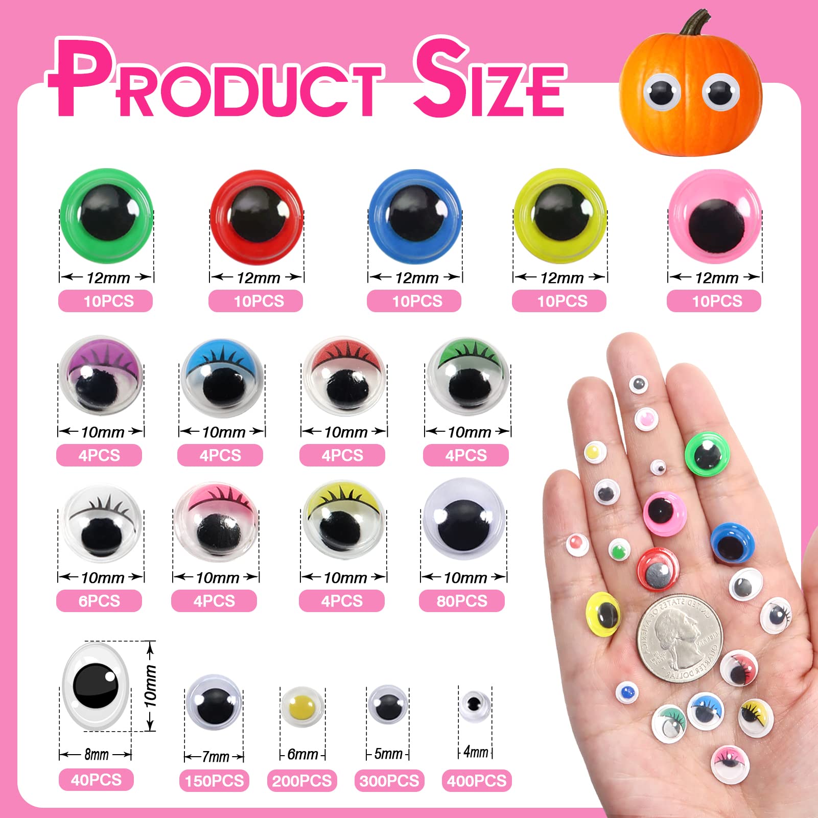 Occhi Adesivi Per Lavoretti - 1250 Pezzi In 8 Misure, Da 4mm A 12mm, Per Pupazzi E Creazioni Fai Da Te - Foto 10