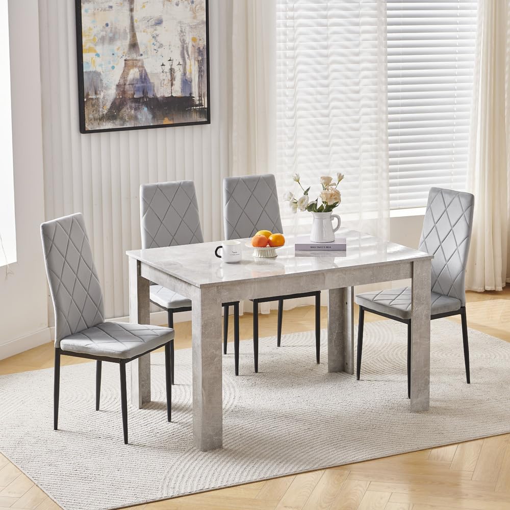 Homullel 5 Piece Dining Room Table and Chairs Set of 4 for Dining Room, Modern 120cm Wooden Dining Table with 4 Grey Velvet Chairs for Family Dinner Set