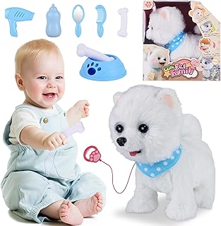 Plush Toy for Children, Electronic Pets with Remote Control Lead, Interactive Pet Toy Dog, Walking, Tongue Out, Dogcall & Wagging Tail, Hairdresser Set Feeding Accessories