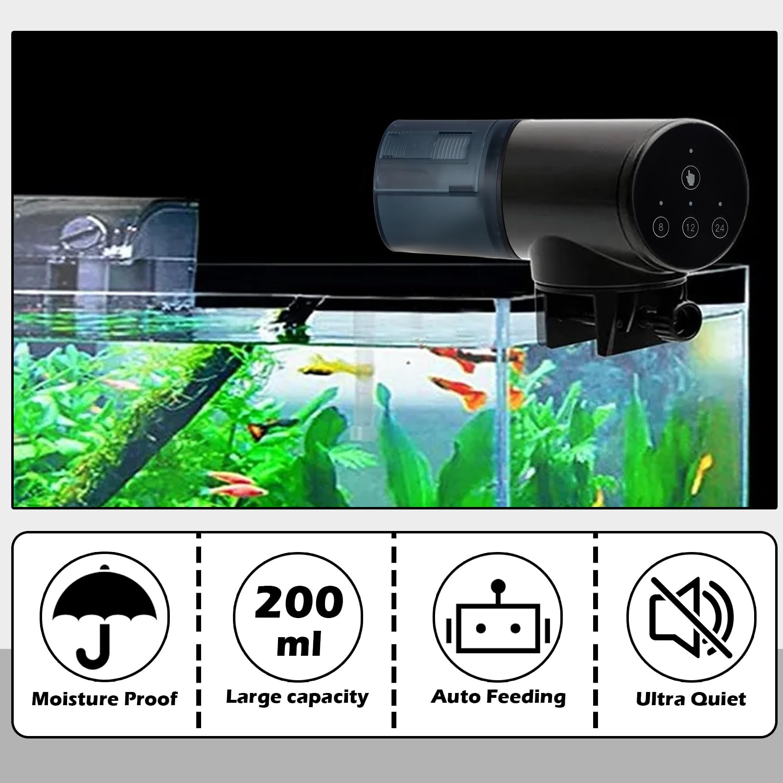 Alimentador Automático para Peces de Acuario a Batería, 200ml Gran Capacidad Dispensador Comida a Prueba de Humedad