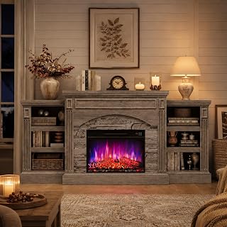 Garvee 70" Electric Fireplace with Mantel, Farmhouse TV Stand, Retro Gray | Fits TVs up to 80", 6 Flame Colors, 5 Brightness Levels, 5000 BTU, Overheat Protection, 35.81" Tall Design, Thickened Top