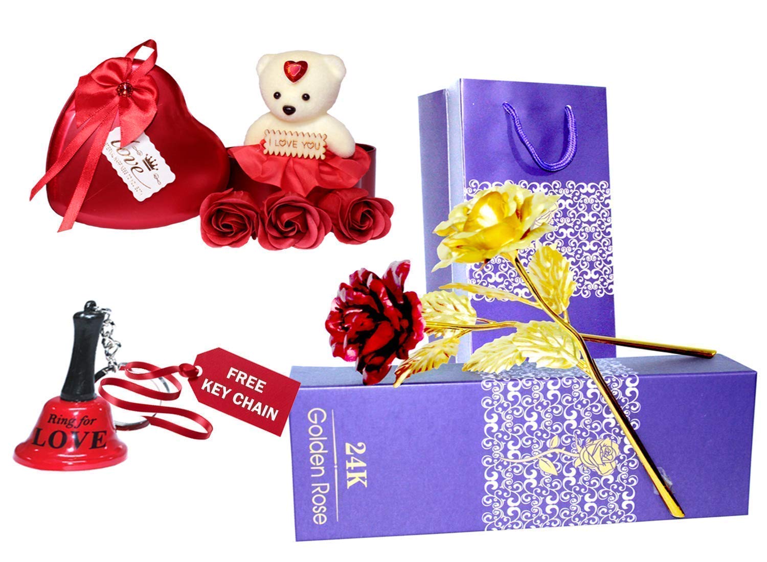 MAKE A WISH® Artificial Roses and Tiny Teddy and Roses in A Heart Shape Box with A Free Key Chain (Multicolour, 1 Golden & 1 Red Rose with Tiny Teddy and Roses, 1 Free Key Chain)-picture-23