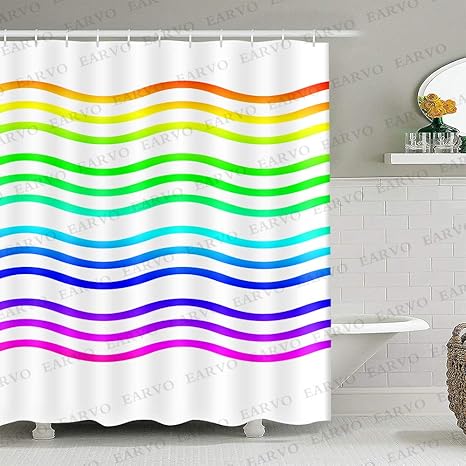 Amazon レインボーラインシャワーカーテン波状パターンカラフルなアートバスルームの装飾 12のフック付き撥水布 バスルームの 色 Rainbow Lines シャワーカーテン ホーム キッチン オンライン通販