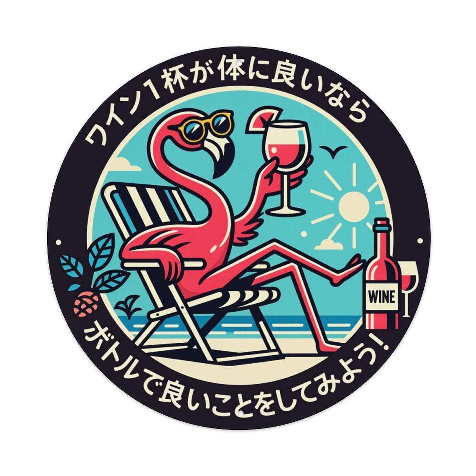 Flamingo Sunbathing With Wine Glass Round Tin Sign Vintage Metal Poster Retro Bar, Home, Man Cave, Kitchen, Laundry Room Wall Art Decor Gift 8x8Inch