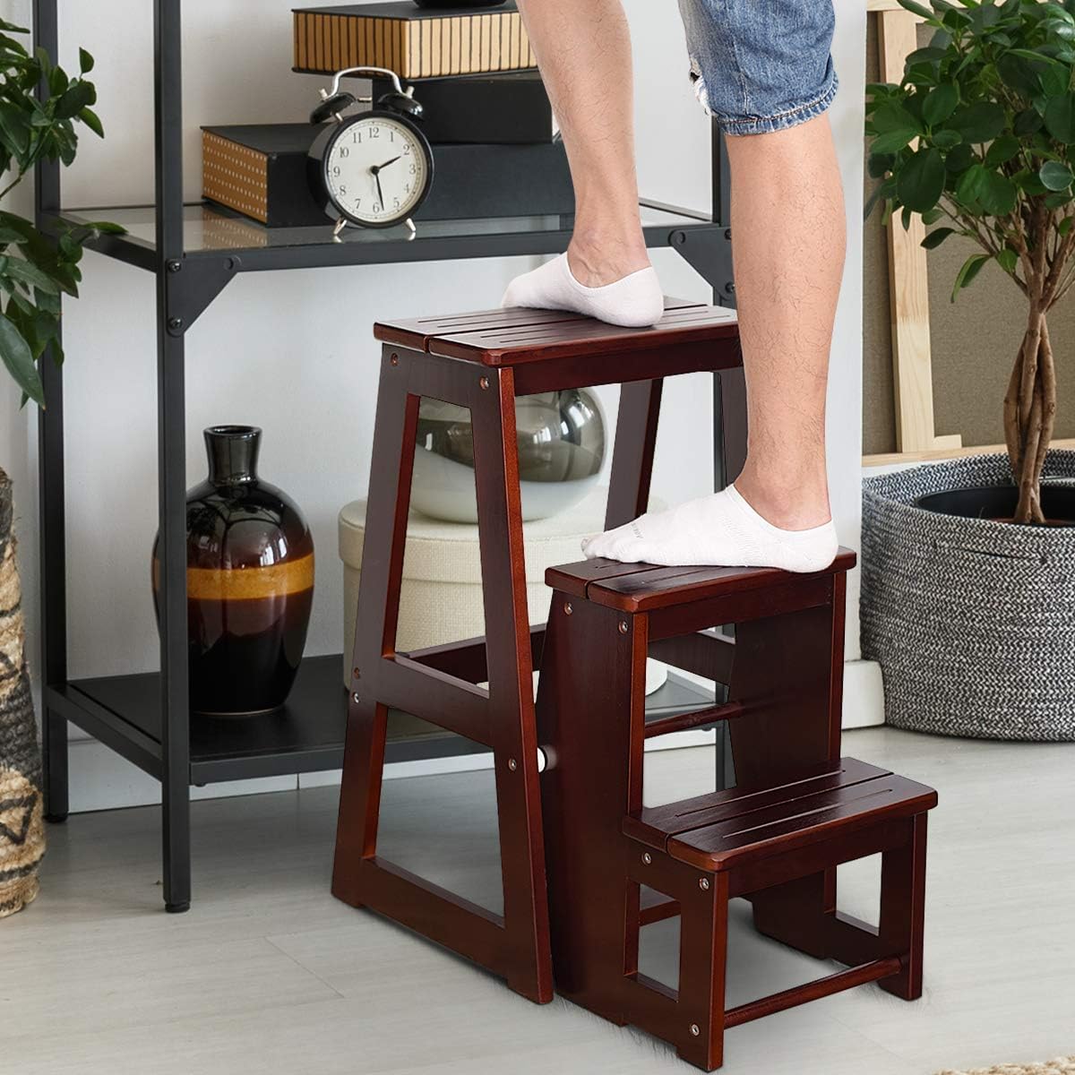 GOPLUS Escalera Taburete Plegable de Madera de Pino de 3 peldaños