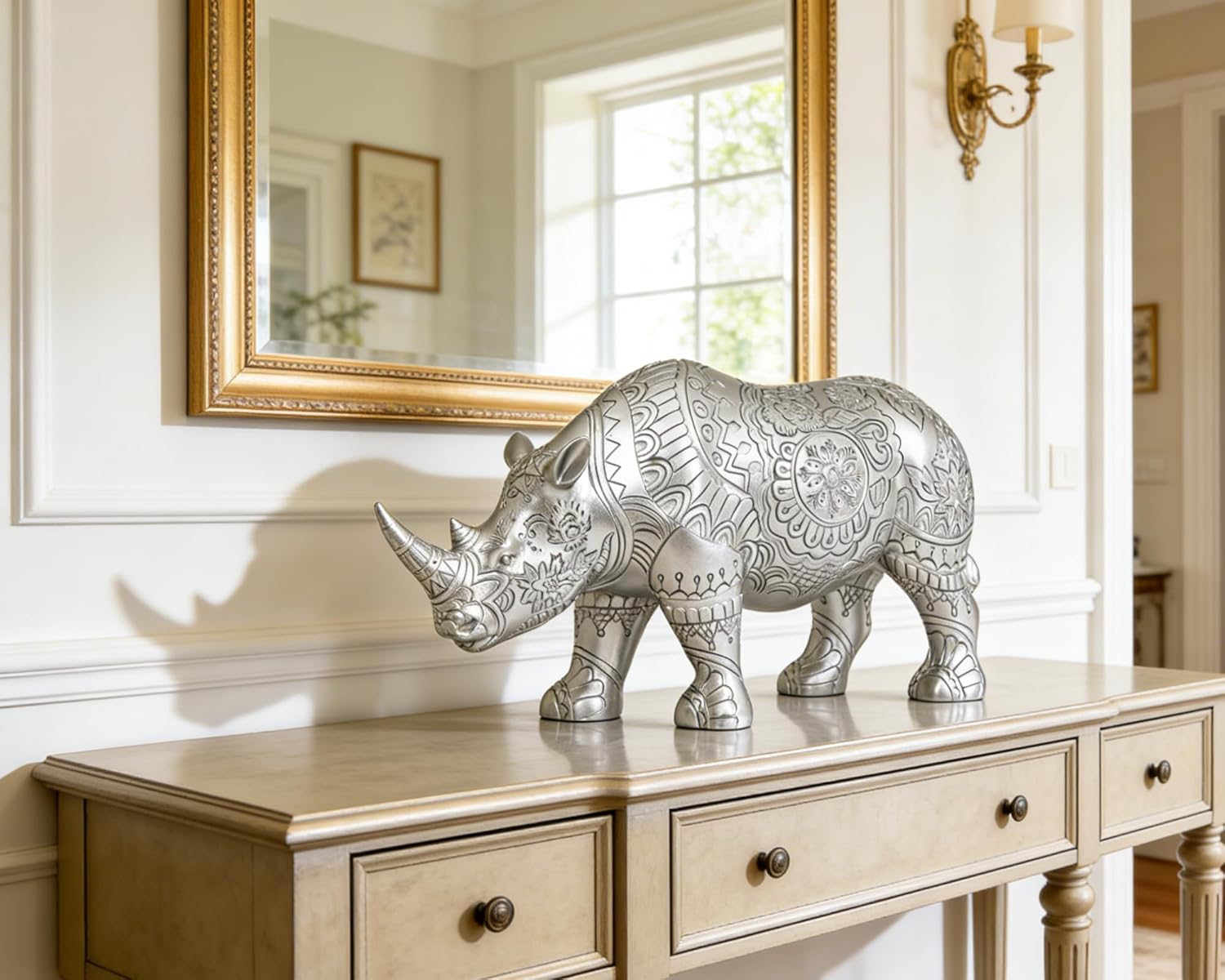 Rhinoceros Statue Symbol of Protection and Strength, 12 inch Resin Silver Boho Animal Home Office Bedroom Living Room Table Desk Fengshui Decor, House Warming Gifts for New Home