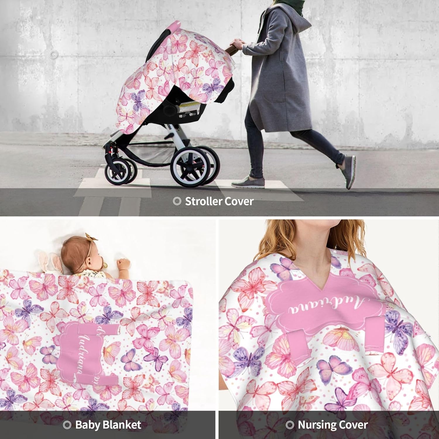 Personalized Baby Car Seat Canopy with Name – Custom Pink Butterfly Minky Nursing Cover for Girls, Soft Stroller Cover for Infants & Newborns, Carseat Canopy for Breastfeeding