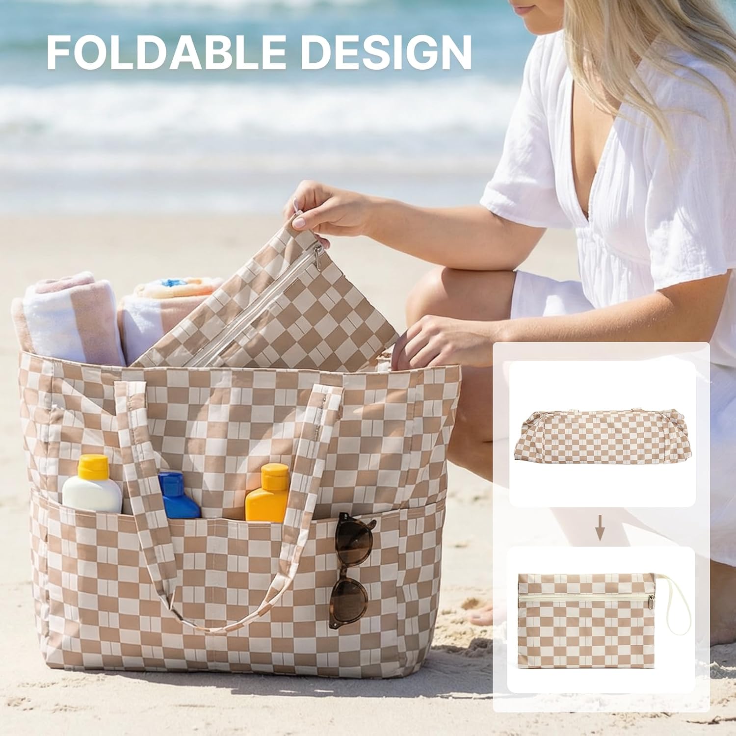G4Free Beach Bag Waterproof Sandproof, Large Foldable Beach Tote with Zipper for Women, Pool Travel Swim Grocery Tote Bags