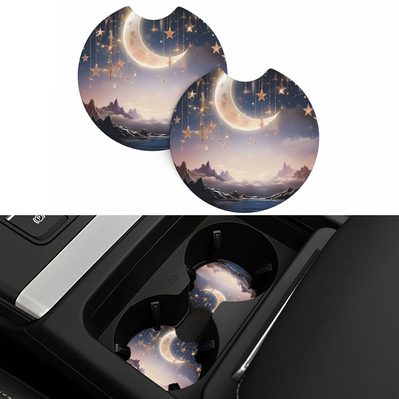 Elegant Moon Stars Car Coasters 2 Pcs, Universal Non-Slip Rubber Car Cup Holder for Cup Holders, 2.75 Inch Neoprene Cup Pad Mat Coaster Car Interior Accessories for Women Men