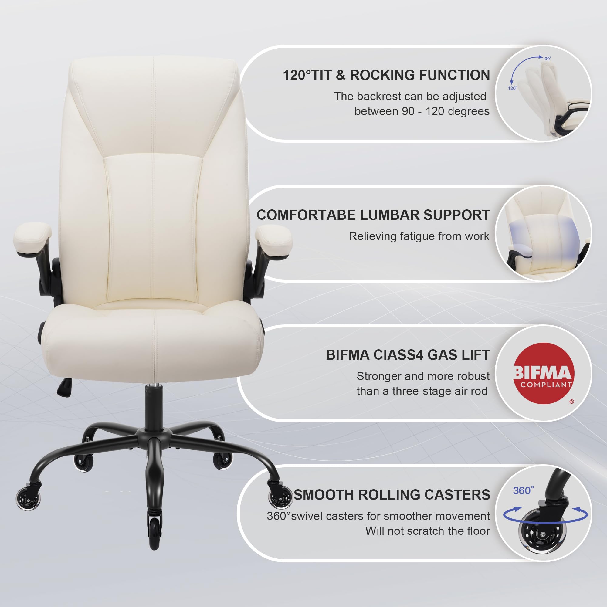 Big and Tall Office Chair for Heavy People Executive Desk Computer Chair Adjustable Flip-up Armrests for Women PU — view 5