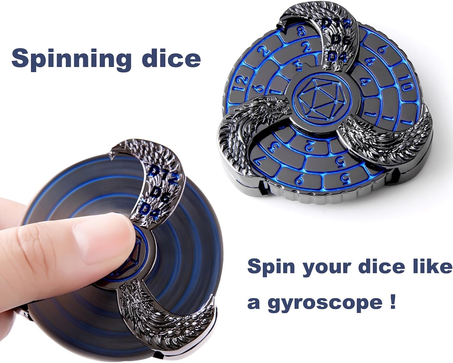 7-in-1 Spinner DND Dice Set, Rotate Metal Rotate Dungeons and Dragons DND Compass Dice, Cool RPG Role Playing Table Game Dice(Black Blue) image 3