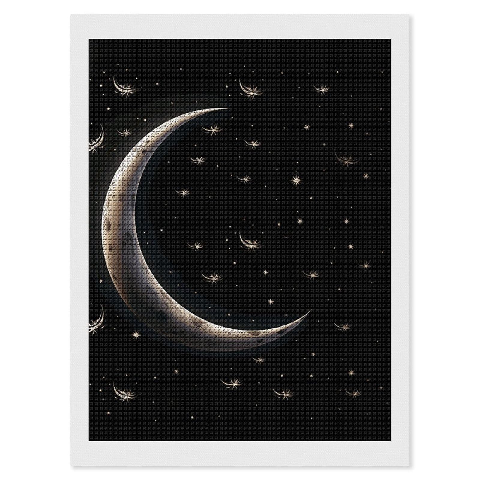 Crescent Moon on Black Background Diamond Art Kits for Adults, DIY 5D Diamonds Painting Kits for Beginner, Round Full Drill Diamond Dots Painting, 12"x16" Diamonds Pictures Gem Art And Crafts Wall Dec