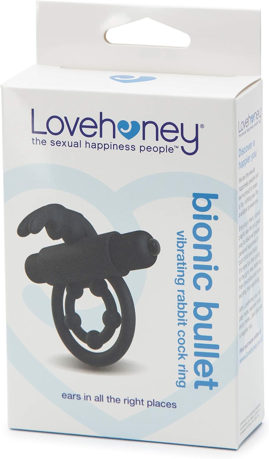 Lovehoney Bionic Bullet Rabbit Vibrating Cock Ring - Stretchy Double Silicone Ring with Rabbit Ears - 5 Function Removable Bullet Vibrator - Waterproof - Black
