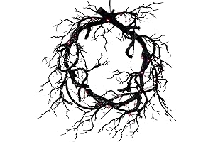 Halloween Branch Wreath with Black, Orange Lights and Ribbon