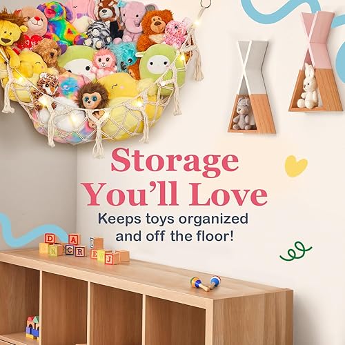 Miniatura 2 de Hamaca de macramé de almacenamiento de animales de peluche con luces de cadena, grande, decoración bohemia de habitación, almacenamiento