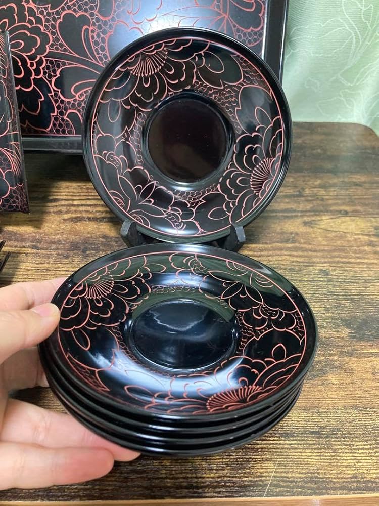 Amazon.co.jp: 輪島塗 お手元箱 沈朱牡丹彫 牡丹文様 角盆 角皿