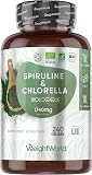 Spiruline Chlorella Bio - 240 Gélules Vegan 1740 mg par Portion, Riches en Protéines, Fer, Vitamines B, Chlorophylle & Acides Gras Essentiels - Oméga 3 & 6, Algues Alimentaires Spiruline & Chlorelle - 1