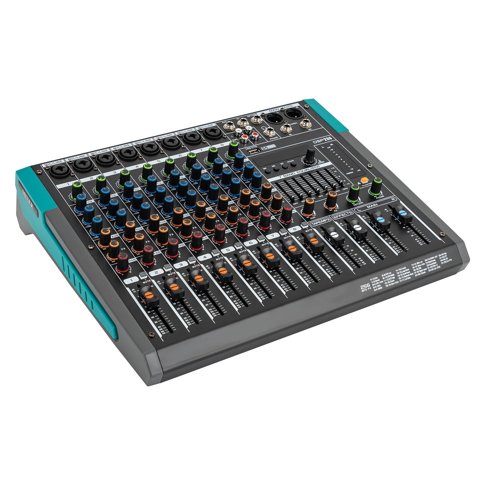 Mikser audio, 8-kanałowy mikser audio z zasilaniem fantomowym 48 V, funkcja Bluetooth, z wyświetlaczem LCD, do prywatnych pomieszczeń KTV, studiów nagrań, pomieszczeń transmisji