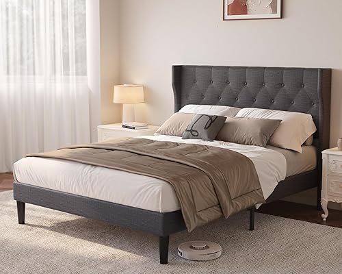 Aiho Base de cama de tamaño matrimonial con cabecera copetuda con botones en la parte trasera, base de cama tapizada, soporte de listones de madera,