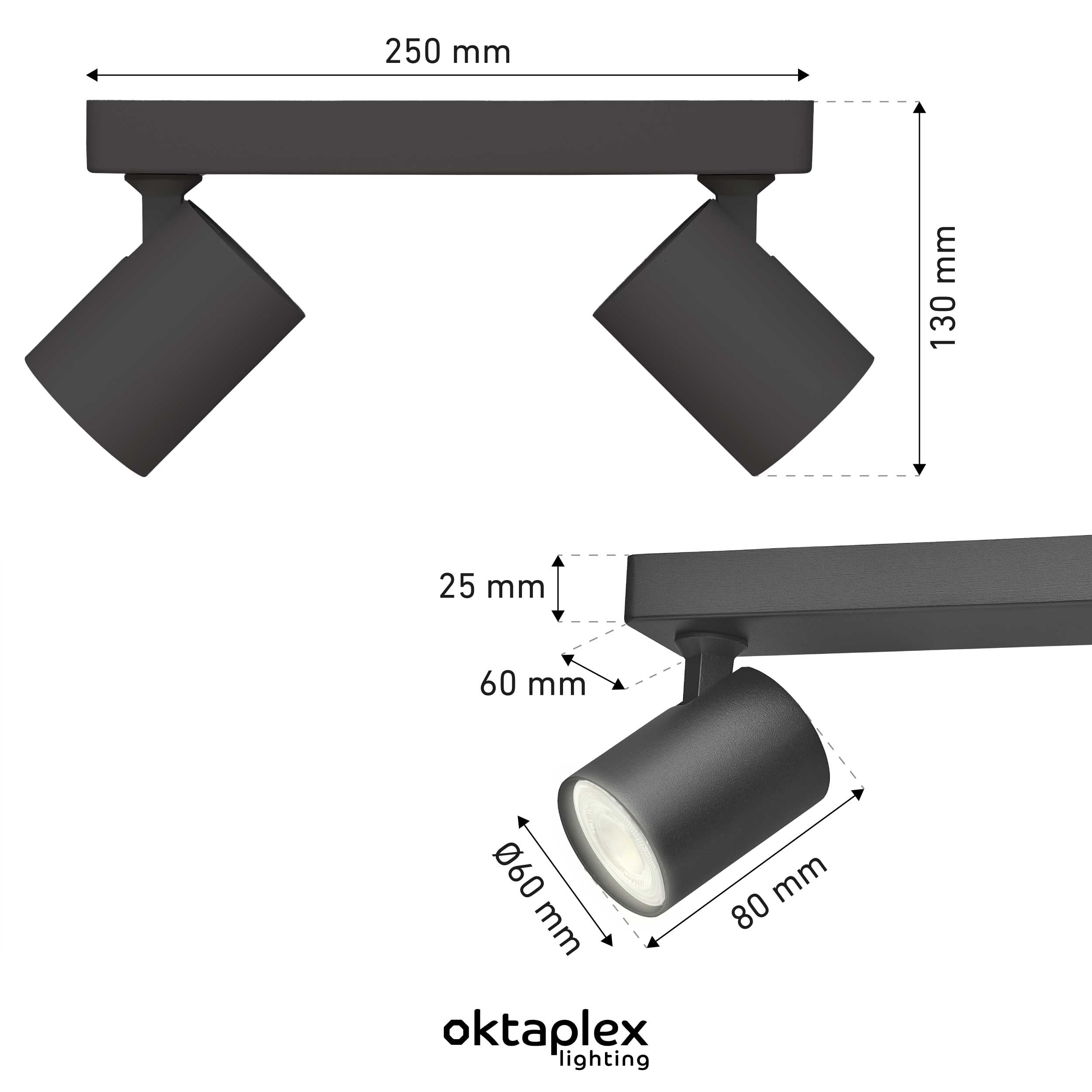 Oktaplex Bora Deckenstrahler Led 2-flammig schwarz inkl. Leuchtmittel | GU10 warmweiß 450lm 2,5W LED Strahler Deckenleuchte - Energieklasse A schwenkbar
